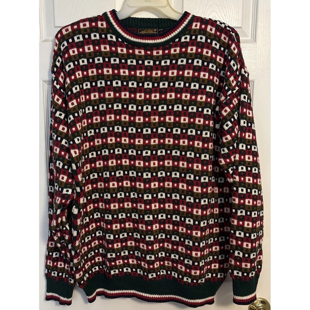 Vintage Eddie Bauer Sweater Mens Geometric Cotton USA Made 90s Cosby Style, Sz L
